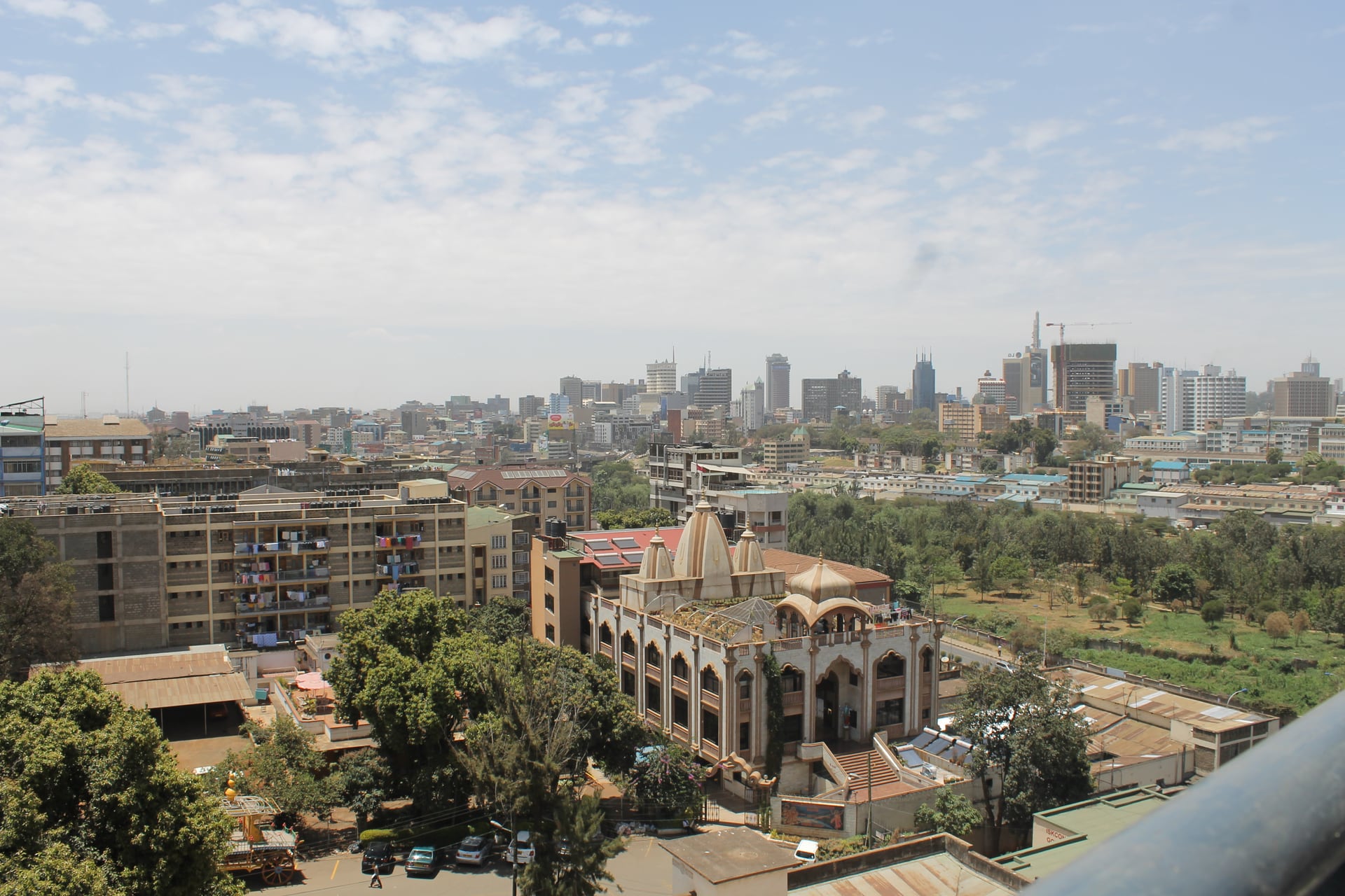 Aerial view of ISKCON Nairobi temple with the Nairobi skyline